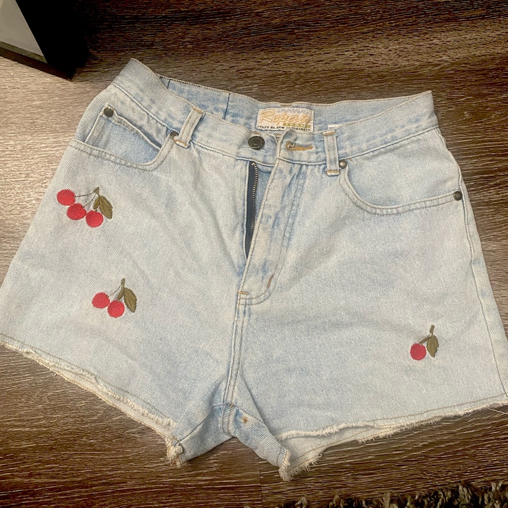 Vintage cherry embroidered denim shorts